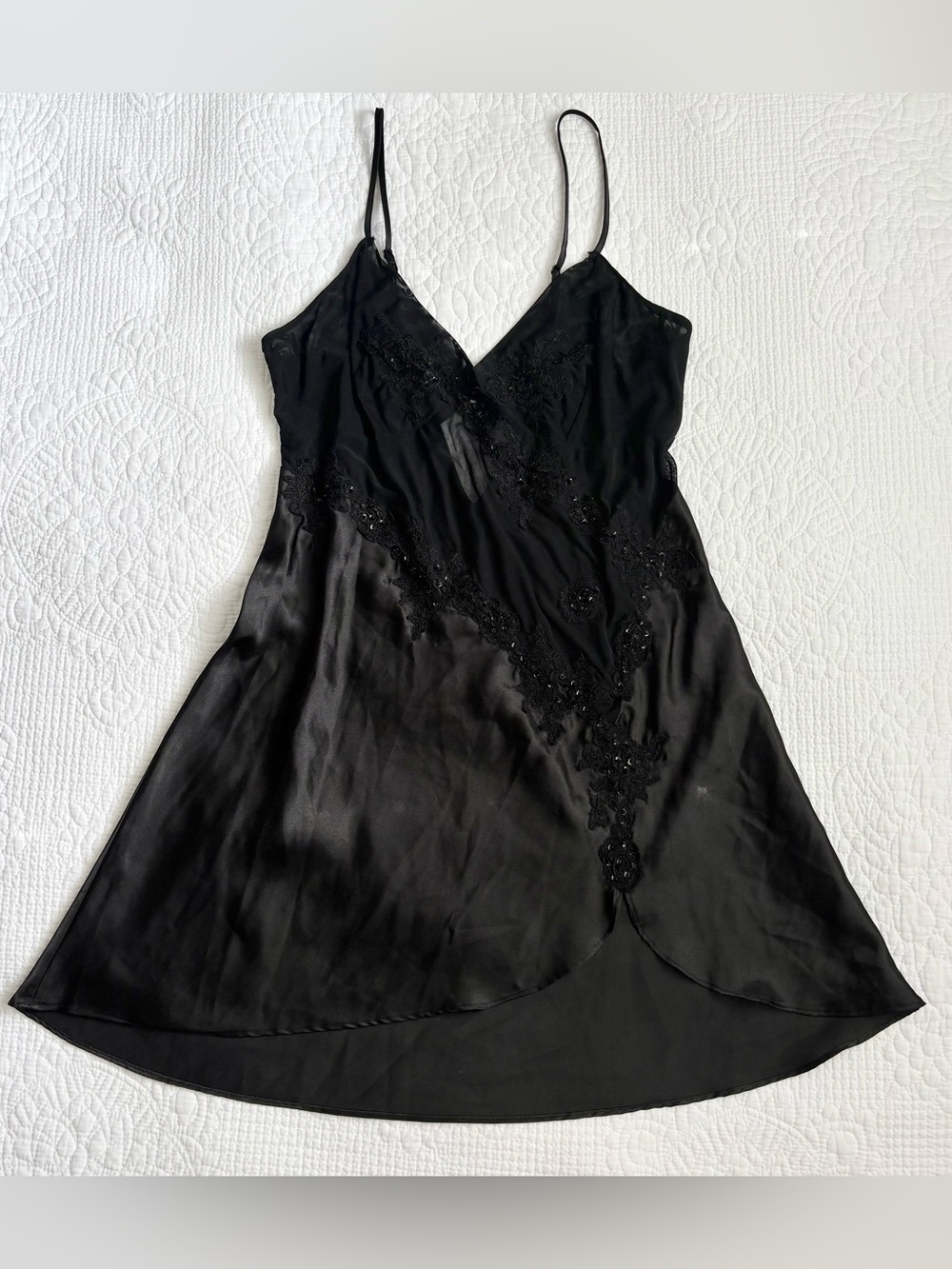 Vintage 90s La Vie En Rose Black Satin Lace Embroidered Slip Mini Dress
